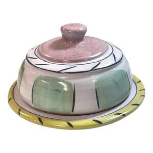 Hand-Painted Pottery Butter Dish Cheese Lid Pastel Design Signed By Artist 3.5"